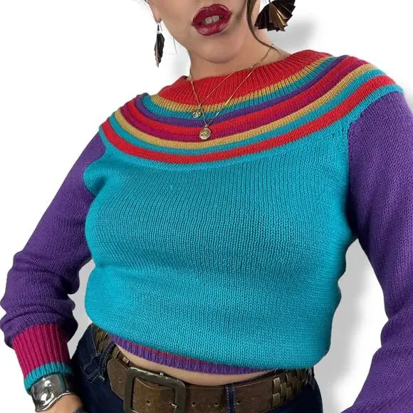 ❌SOLD❌1970's QUEENS WAY TO FASHION rainbow knit sweater made in Korea - Picture 14 of 17